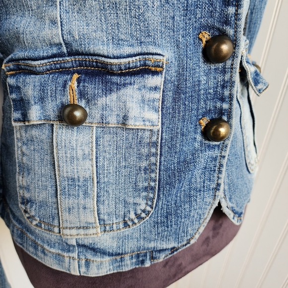 Faded Glory Blue and Orange Jean Jacket with Distressing and Floral Design - Picture 12 of 15